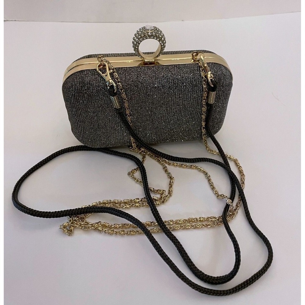 Payless Womens Clamshell Rhinestone Ring Purse Silver Gold Shoulder Strap Lined - Picture 3 of 15